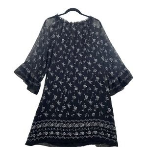 Max Studio Women's L Off Shoulder Printed Bell Sleeve Shift Boho Dress Black